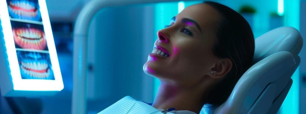 a sleek, modern dental office showcases a confident patient reclining in a professional whitening chair, surrounded by advanced dental equipment and glowing led screens displaying vivid before-and-after images of teeth whitening results, emphasising the efficacy of professional treatments over OTC options.