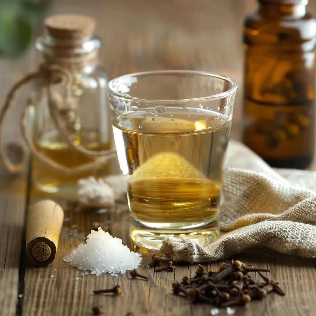 Home remedy items for toothache relief, including saltwater, cold compress, and clove oil