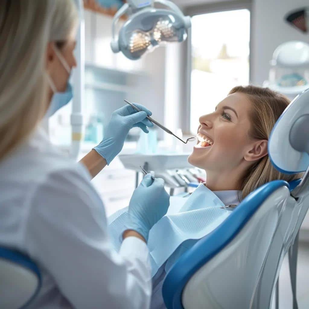 Welcoming dental clinic with a smiling patient receiving cosmetic dentistry treatment